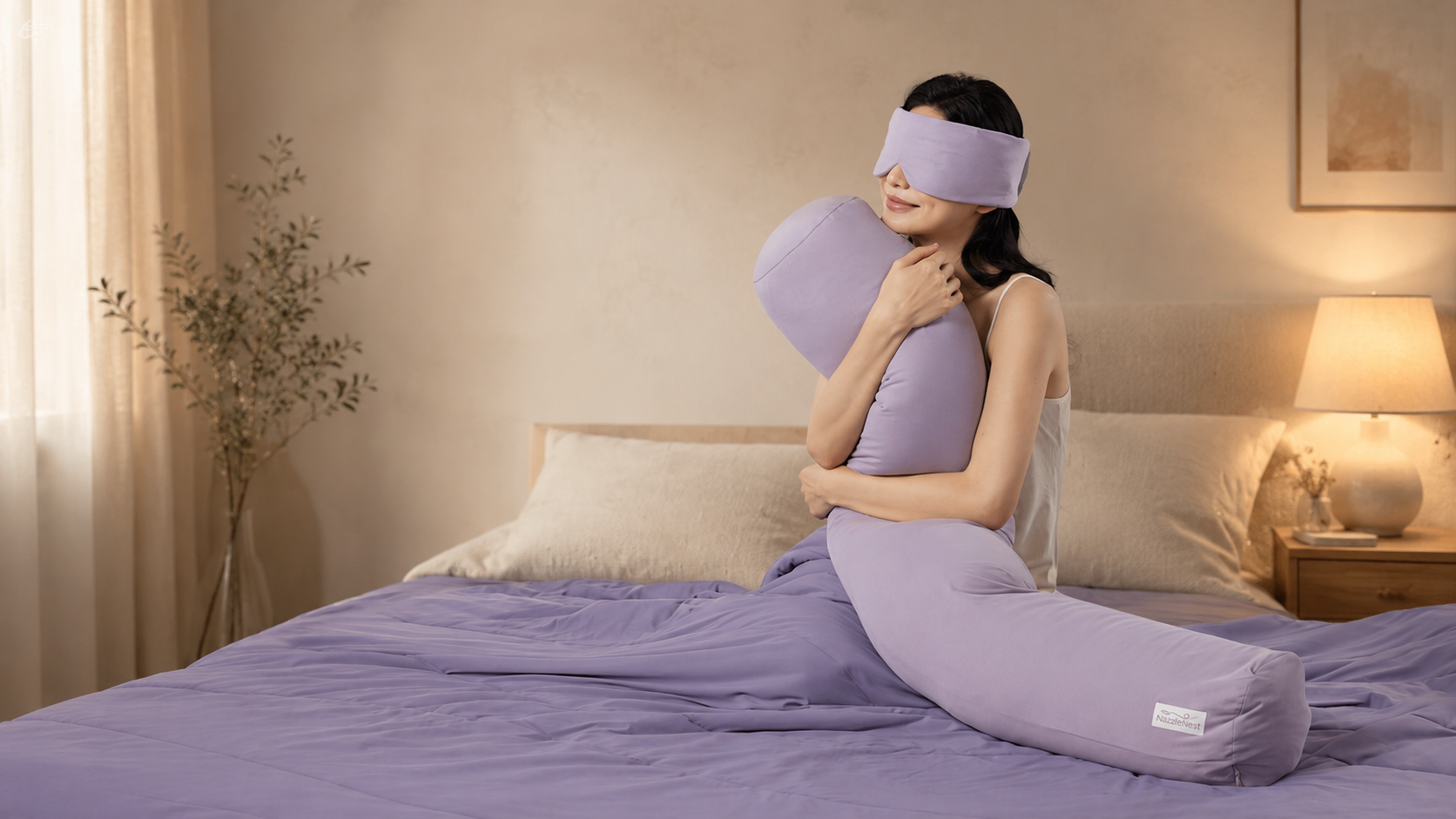 A woman resting with NazzleNest pillow and eye mask